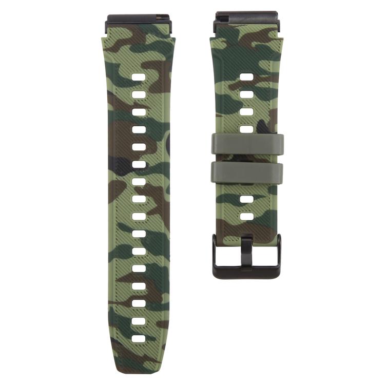 Green camouflage silicone watch band set with adjustment holes, keepers, and black buckle