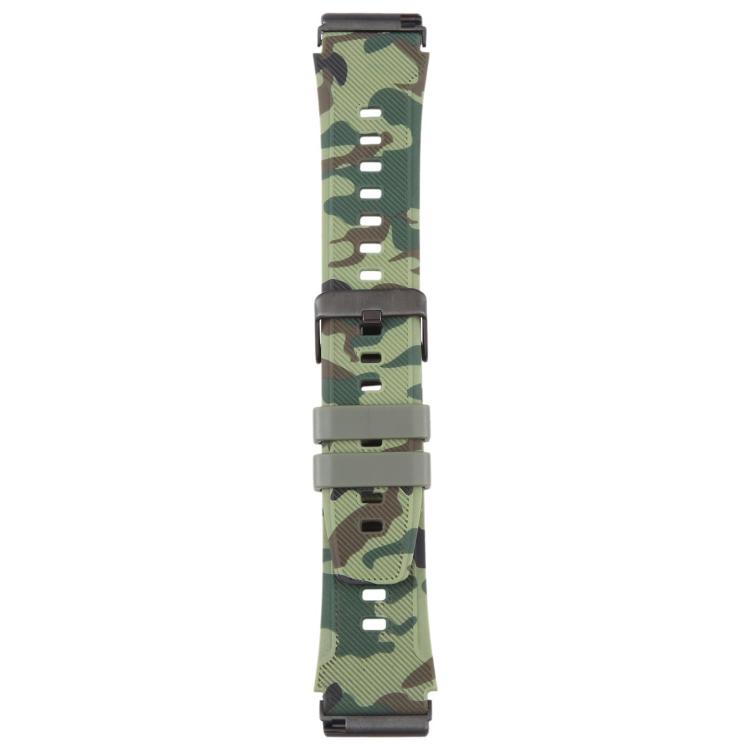 Green camouflage watch band with black buckle and double strap keepers