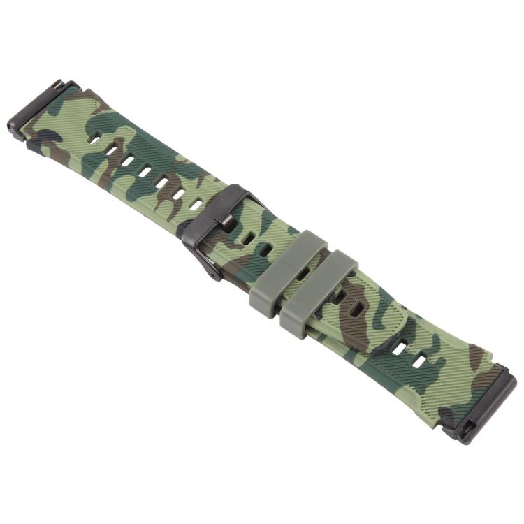Green camouflage silicone watch band laid flat, showing adjustment holes and black connectors