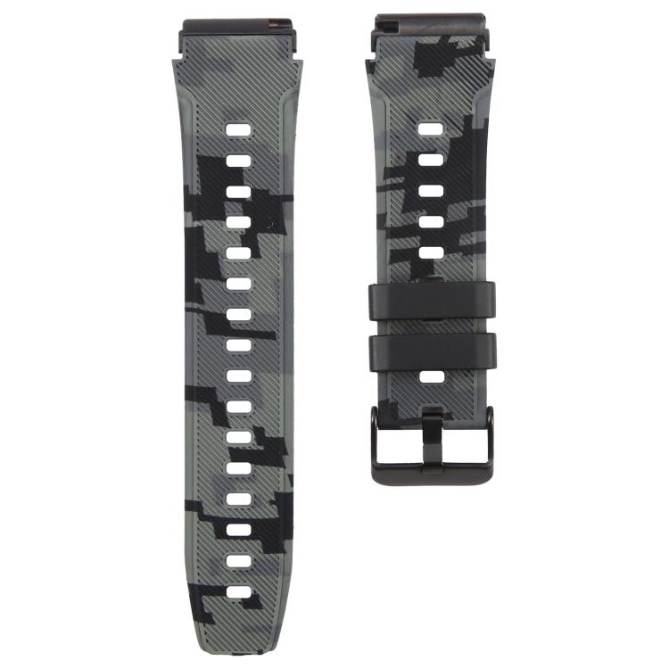 Gray camouflage silicone watch band set with adjustment holes, keepers, and black buckle