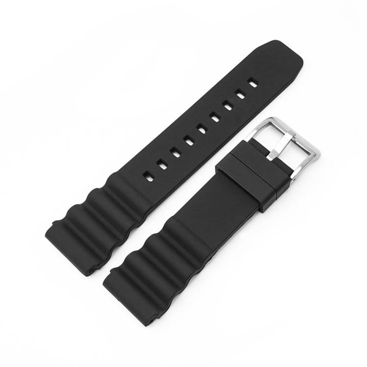 Black silicone watch band with silver buckle and ridged ends