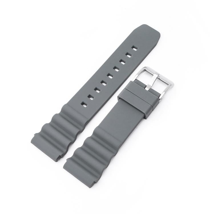 Gray silicone watch band with silver buckle and ridged ends