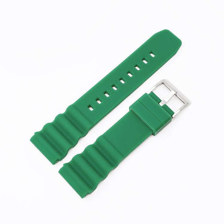 Green silicone watch band with adjustment holes and silver buckle
