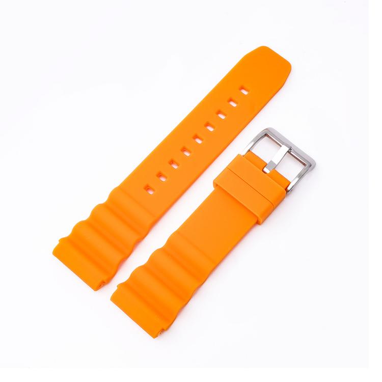 Orange silicone watch band with silver buckle and ridged ends
