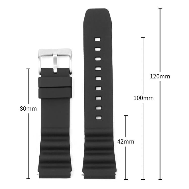 Black silicone watch band with buckle and length measurements