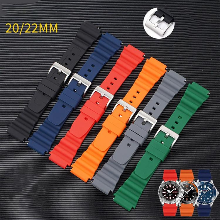 Silicone watch bands in six colors, with silver buckles and ridged ends