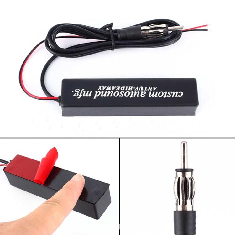 Black amplified antenna module with attached cable, red/black wires, and connector socket