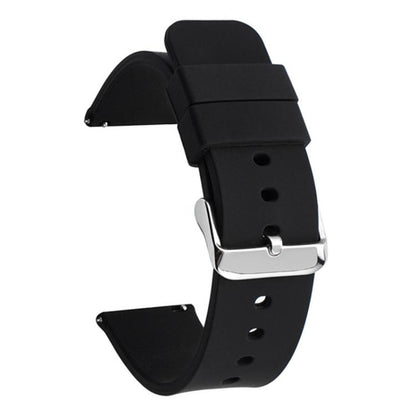 Black silicone watch band with a silver buckle and two strap loops