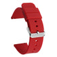 Red silicone watch band with a silver pin buckle and adjustment holes