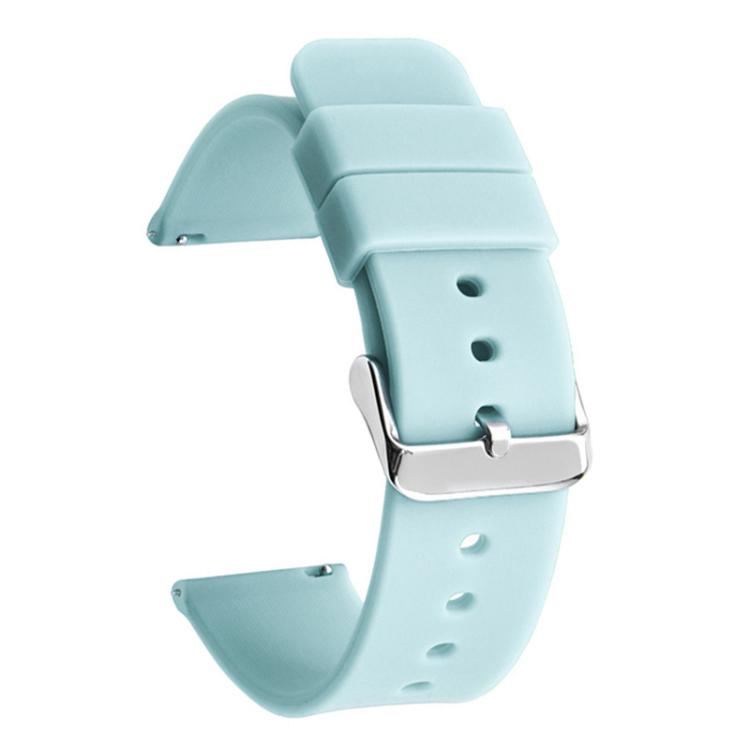 Light blue silicone watch band with silver pin buckle and adjustment holes