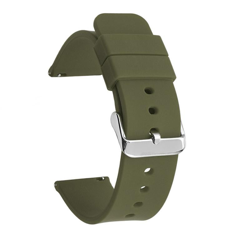 Olive green silicone watch band with silver pin buckle and adjustment holes