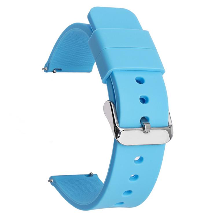 Light blue silicone watch band with a silver pin buckle and adjustment holes