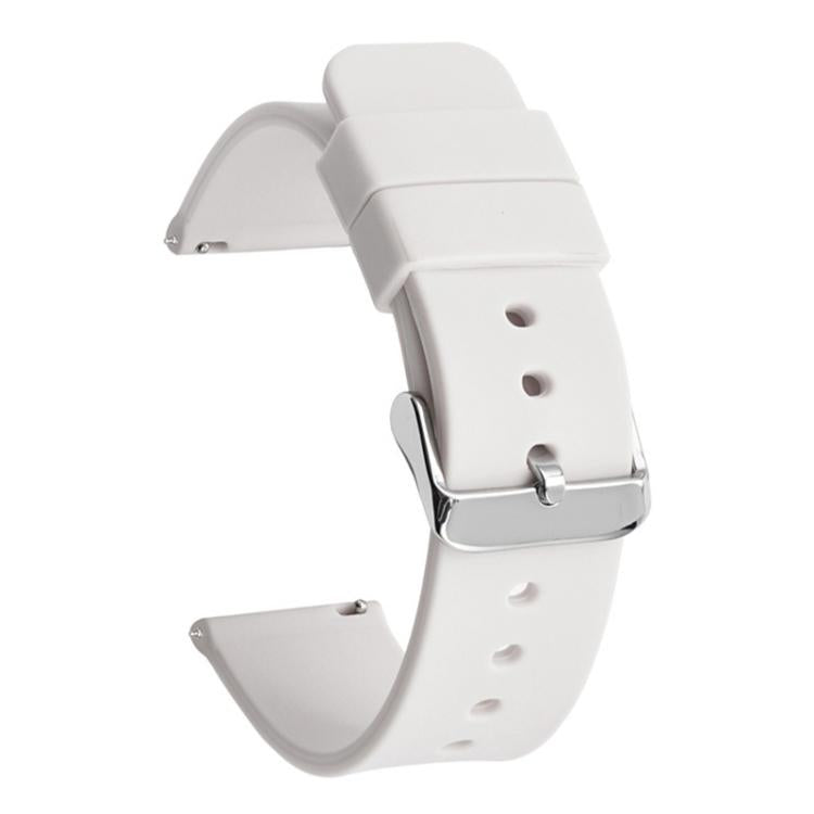 White silicone watch band with a silver pin buckle and adjustment holes