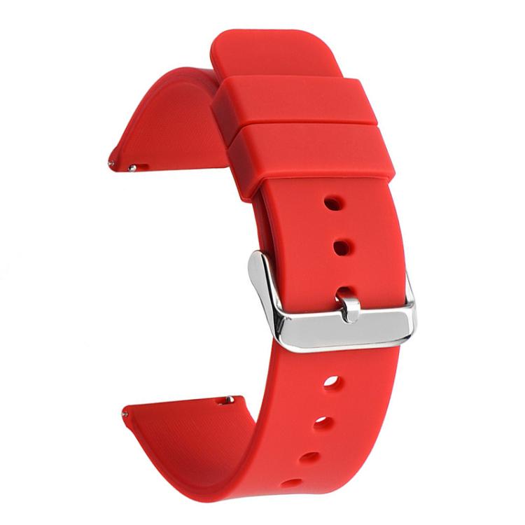 Red silicone watch band with a silver pin buckle and adjustment holes