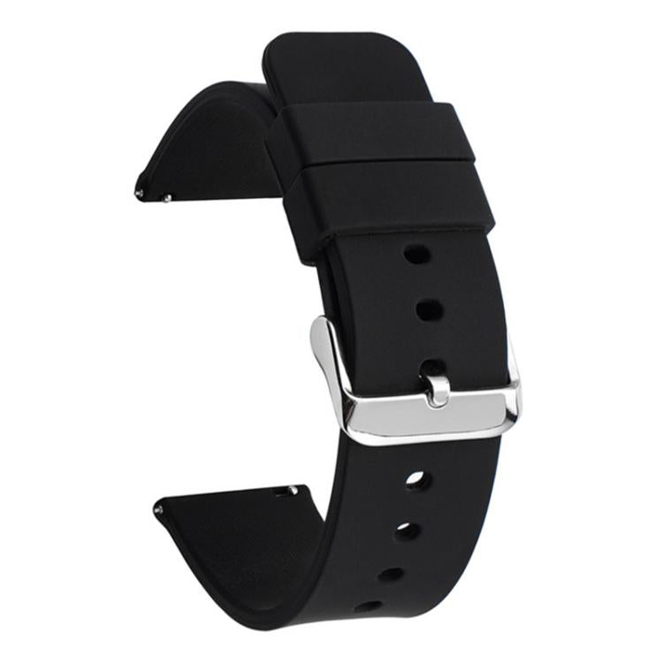 Black silicone watch band with a silver pin buckle and adjustment holes