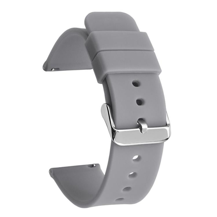 Gray silicone watch band with a silver pin buckle and adjustment holes