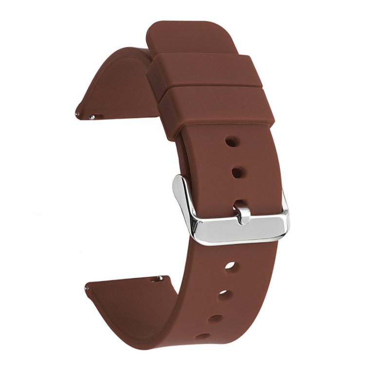 Brown silicone watch band with a silver pin buckle and adjustment holes