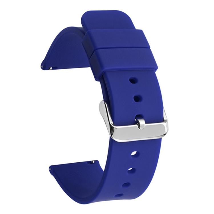 Dark blue silicone watch band with silver pin buckle and adjustment holes