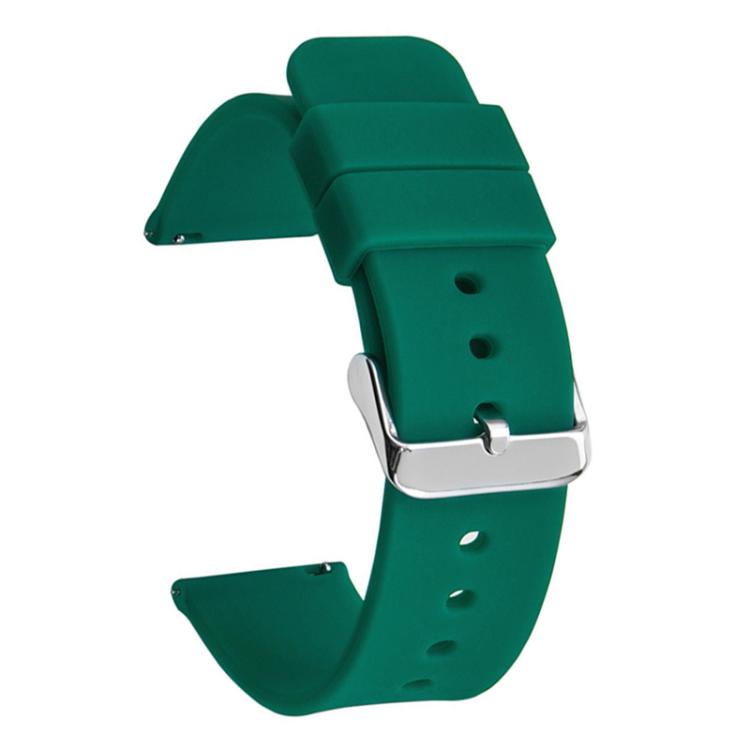 Dark green silicone watch band with silver pin buckle and adjustment holes