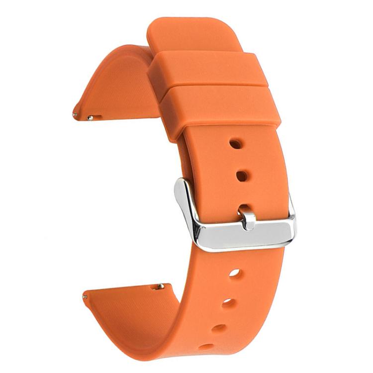 Orange silicone watch band with silver pin buckle and adjustment holes