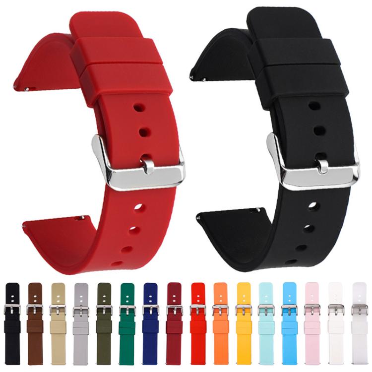 Red and black silicone watch bands with silver buckles, shown with color options