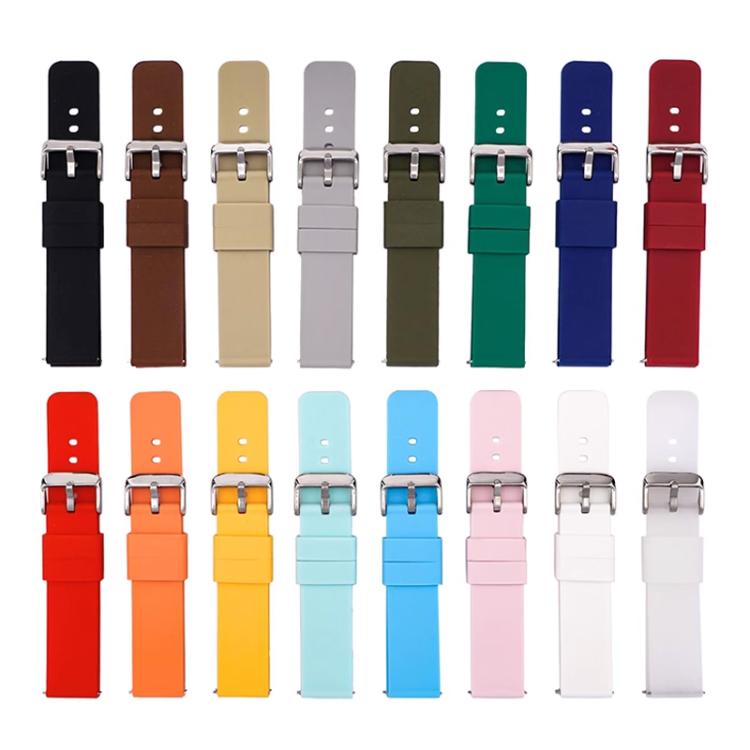 Silicone watch bands in 16 colors, each with a silver pin buckle