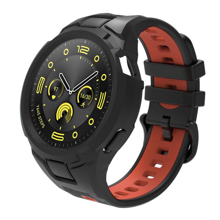 Black integrated TPU watch band and case with red inner strap and adjustable buckle.