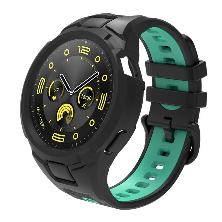 Black integrated TPU watch band and case with teal inner strap and adjustable buckle.