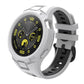 White integrated TPU watch band and case with black inner strap and adjustable buckle.