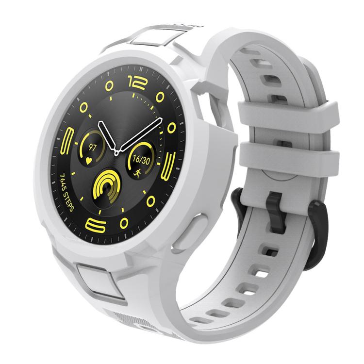 Integrated white TPU watch band fitted to a round smartwatch.