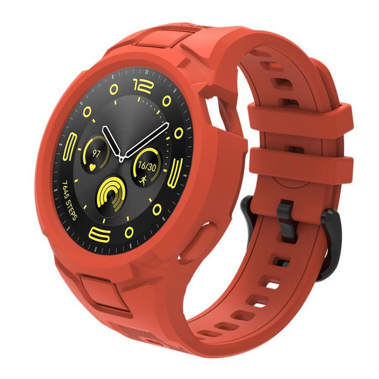 Integrated orange TPU watch band fitted to a round smartwatch.