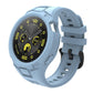 Integrated light blue TPU watch band fitted to a round smartwatch.