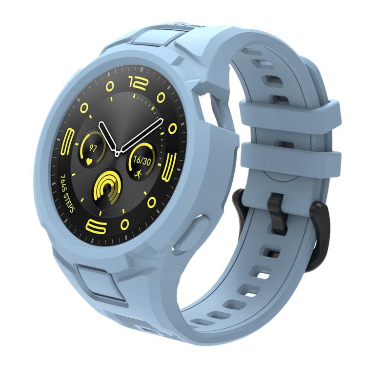 Integrated light blue TPU watch band fitted to a round smartwatch.