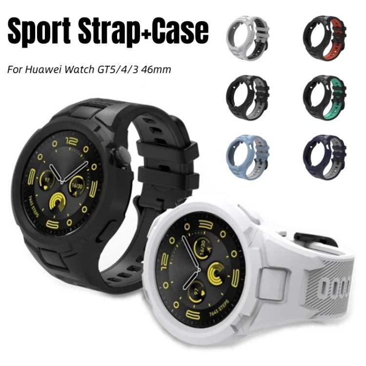 Integrated sport watch band and case shown in black and white, with several color options.