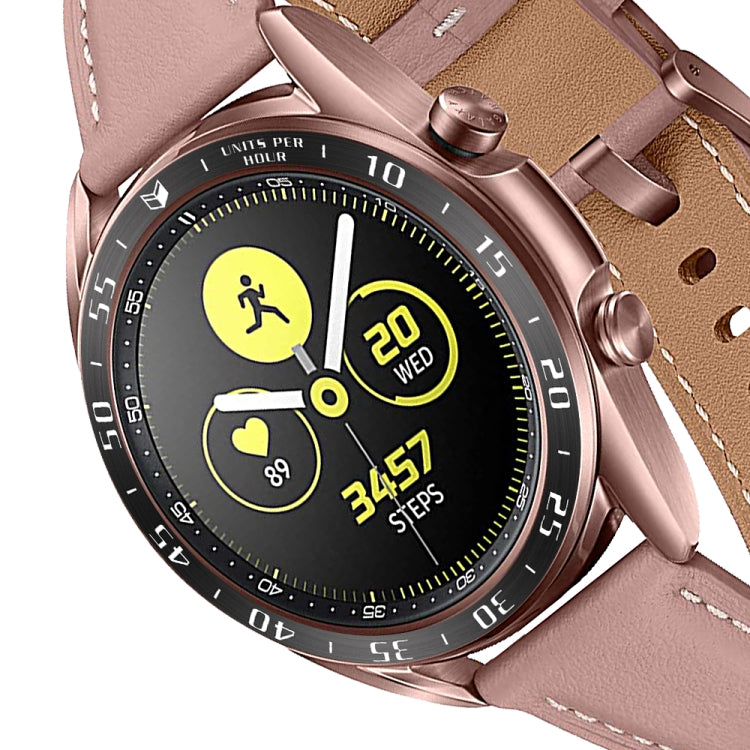 Smartwatch bezel ring with rose leather strap, rose-gold case, black ring with white letters