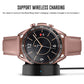 Smartwatch bezel ring with pink leather strap, rose-gold case, black ring with white letters