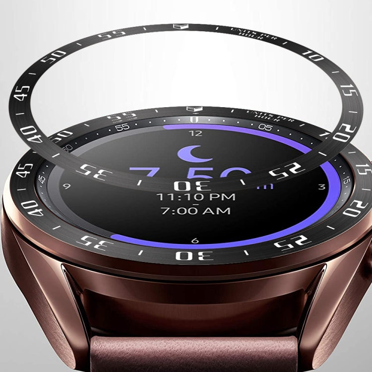 Smartwatch bezel ring close-up with dark strap, rose-gold case, black ring with time markers