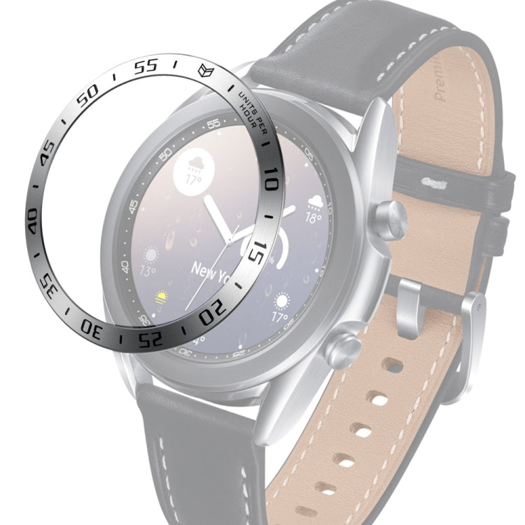 Smartwatch bezel ring with gray leather strap, silver case, black ring with white letters