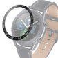 Smartwatch bezel ring with gray leather strap, silver case, black ring with white letters