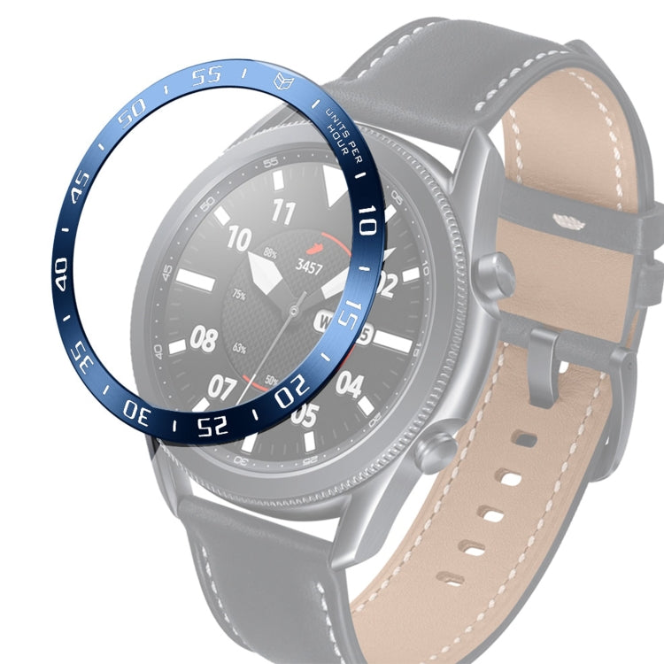Smartwatch steel bezel ring with blue outer ring and white letters, gray strap