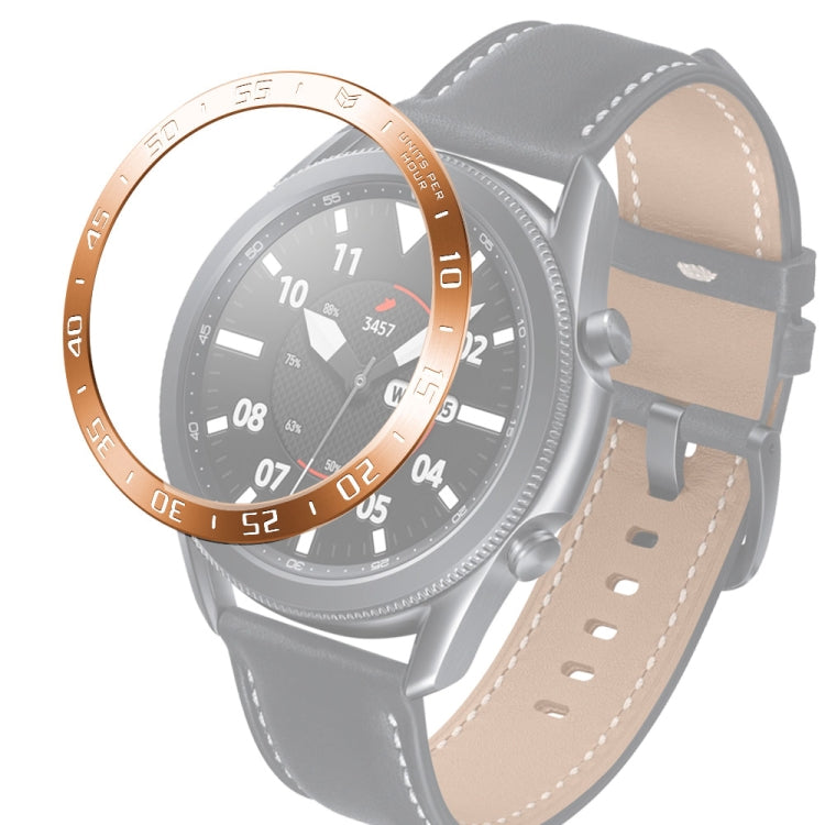 Smartwatch steel bezel ring with rose-gold outer ring and white letters, gray strap