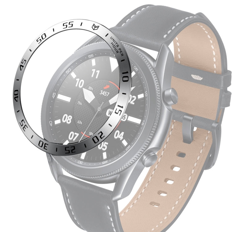 Smartwatch steel bezel ring with white outer ring and black letters, gray strap