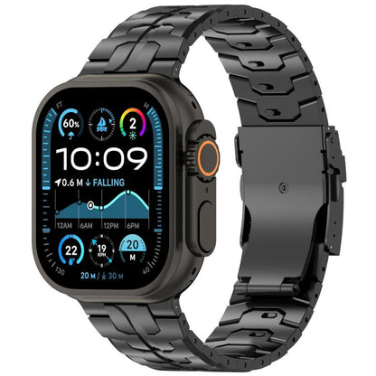 Black titanium alloy link band with safety clasp on a smartwatch