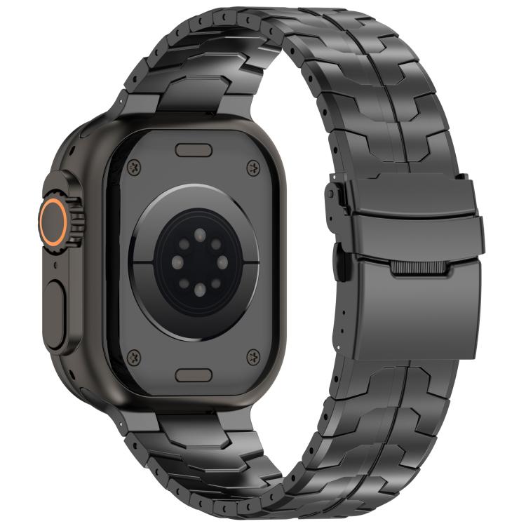 Black titanium alloy link band fitted to a smartwatch, shown from the back