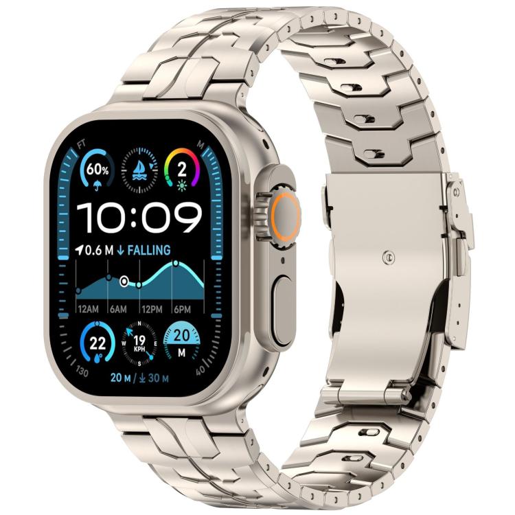 Titanium-colored link band with safety clasp on a smartwatch
