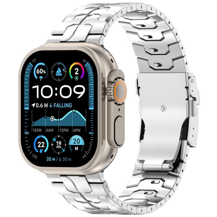 Silver link band with safety clasp attached to a smartwatch