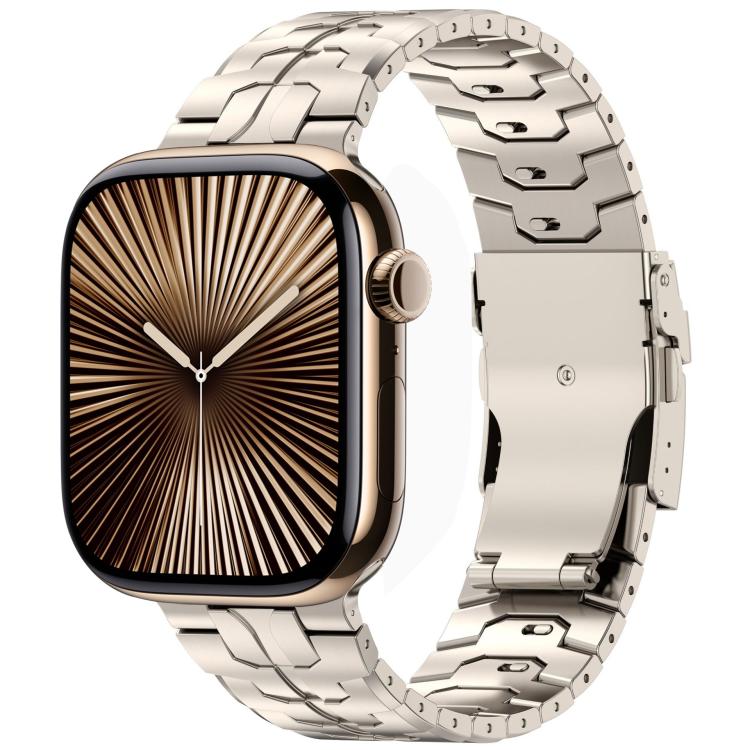 Silver titanium alloy link band with safety clasp on a smartwatch