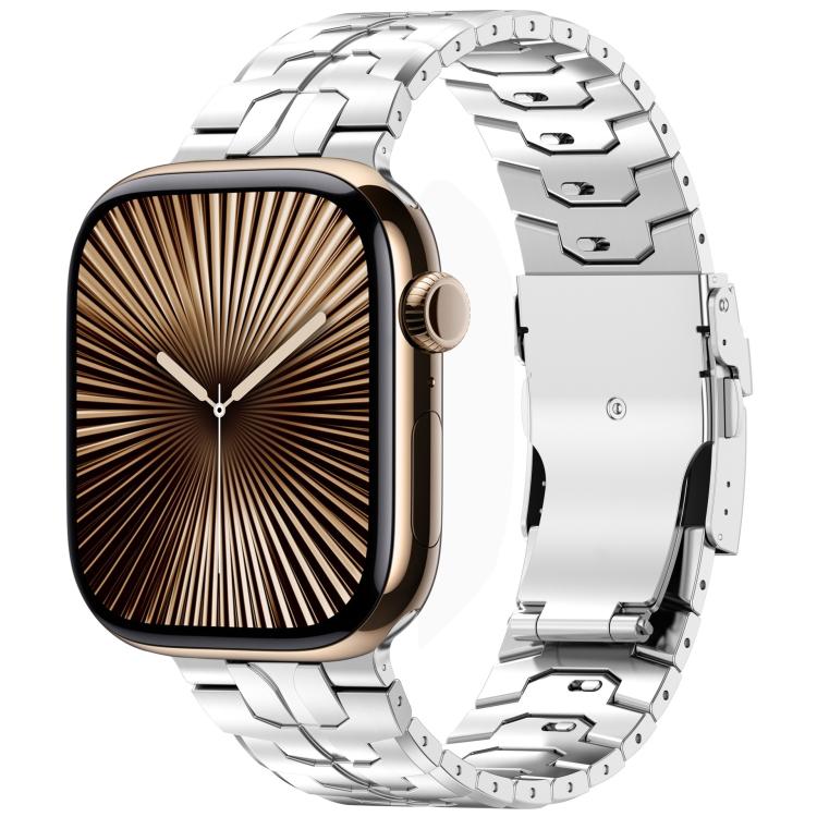 Silver titanium alloy band and safety clasp on a smartwatch with analog-style face