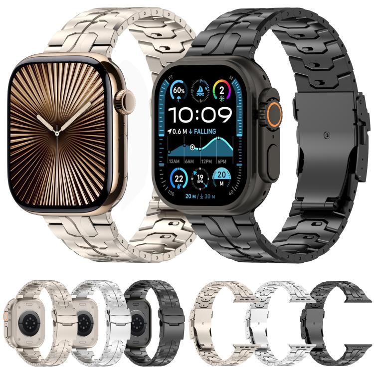 Silver and black titanium alloy watch bands with safety clasps, shown on watches