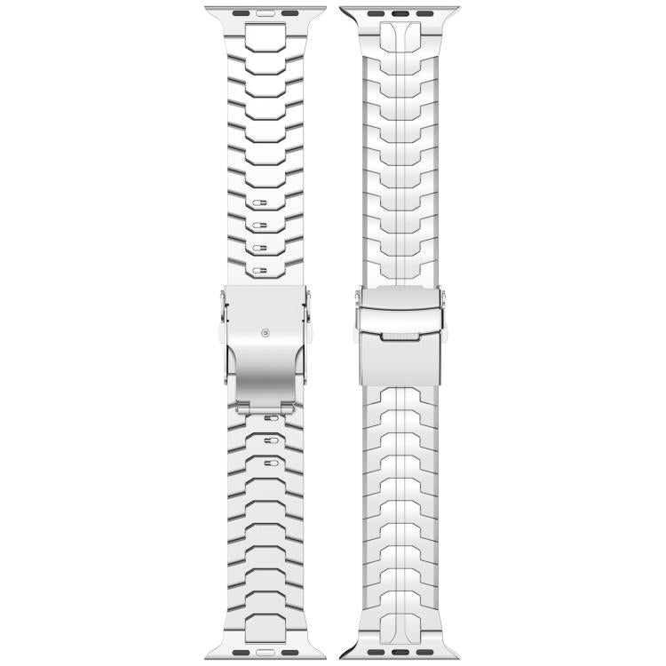 Silver titanium alloy watch band shown from front and back